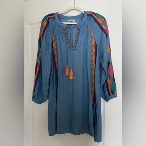 Zara TRF collection boho embroidered blue denim tunic dress size xs flowy
